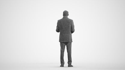 3D scanned man standing formal, photorealistic archviz people for Enscape and SketchUp, wireframe front view