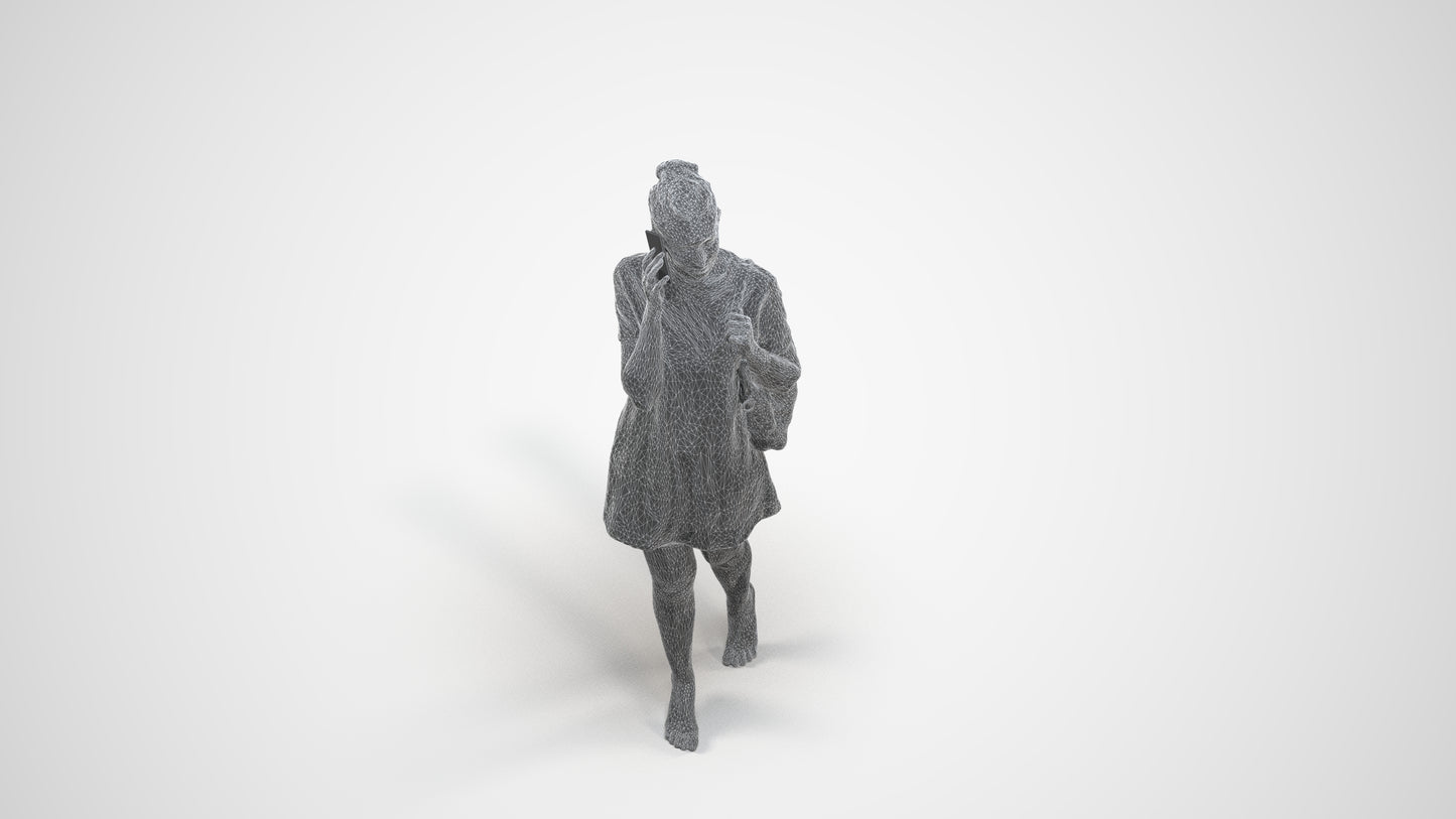 3D human model woman casual walking, photogrammetry scanned person for archviz, wireframe three-quarter view