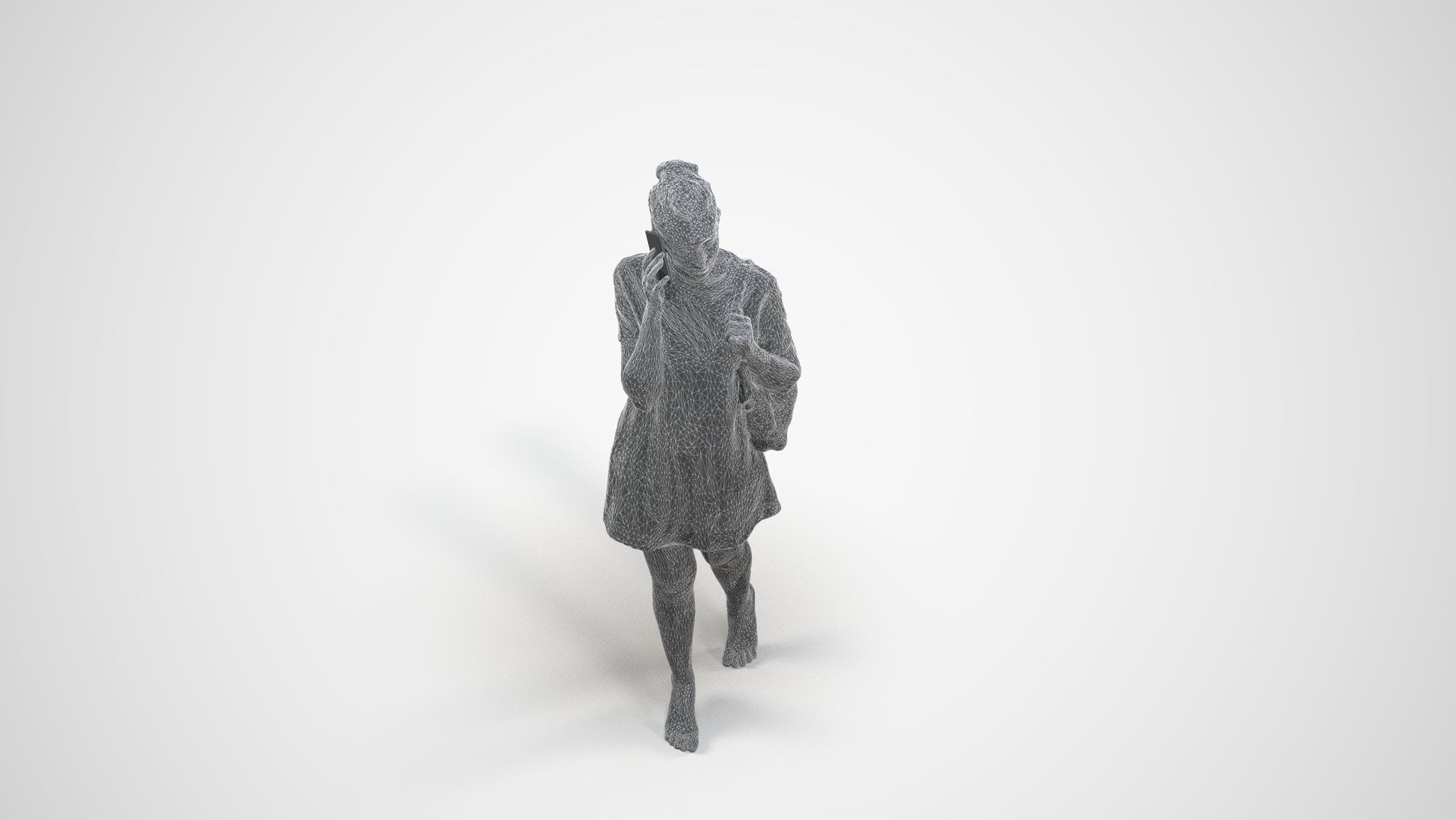3D human model woman casual walking, photogrammetry scanned person for archviz, wireframe three-quarter view