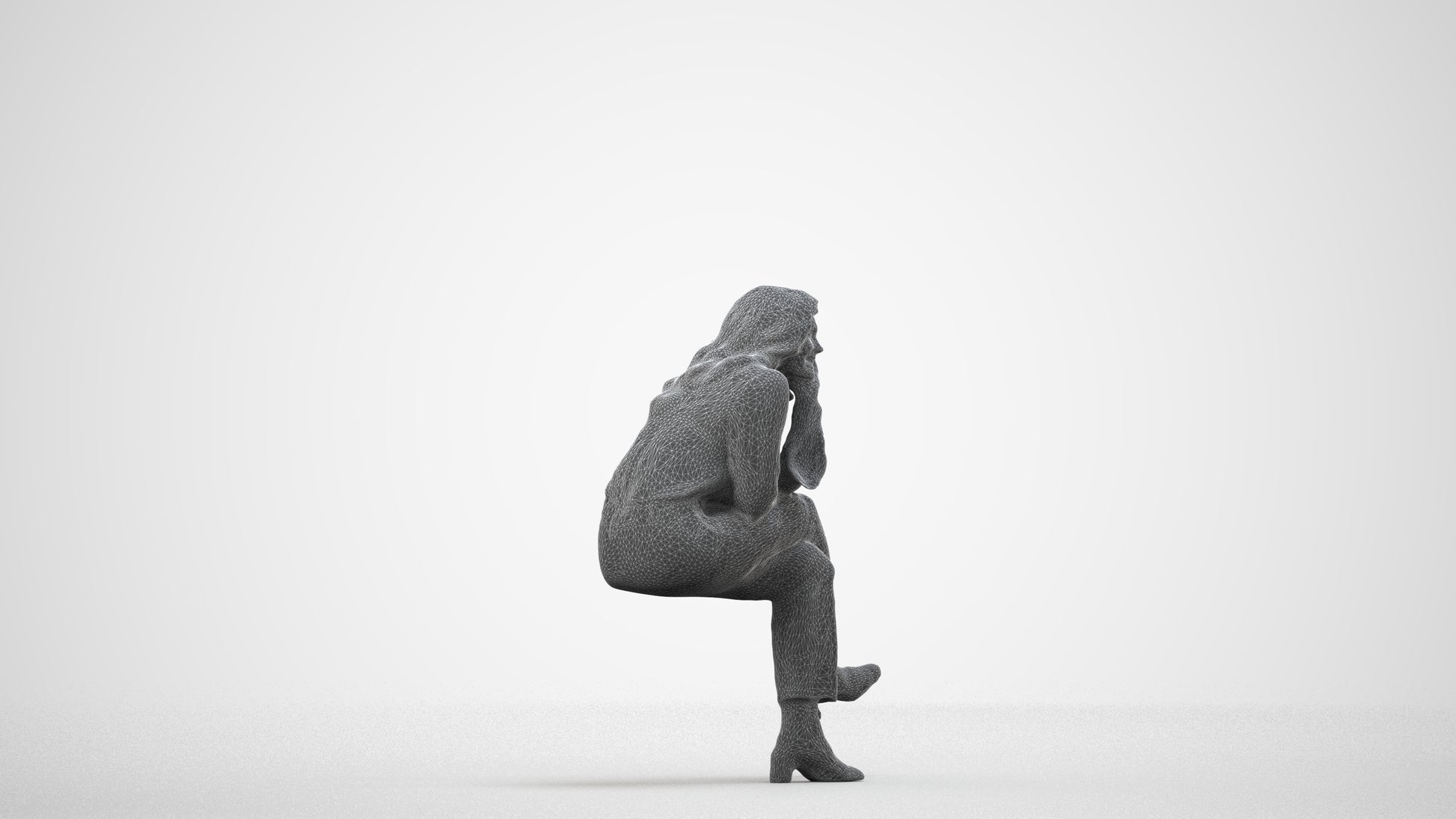 photogrammetry 3D woman business sitting, realistic human model archviz FBX, wireframe side view