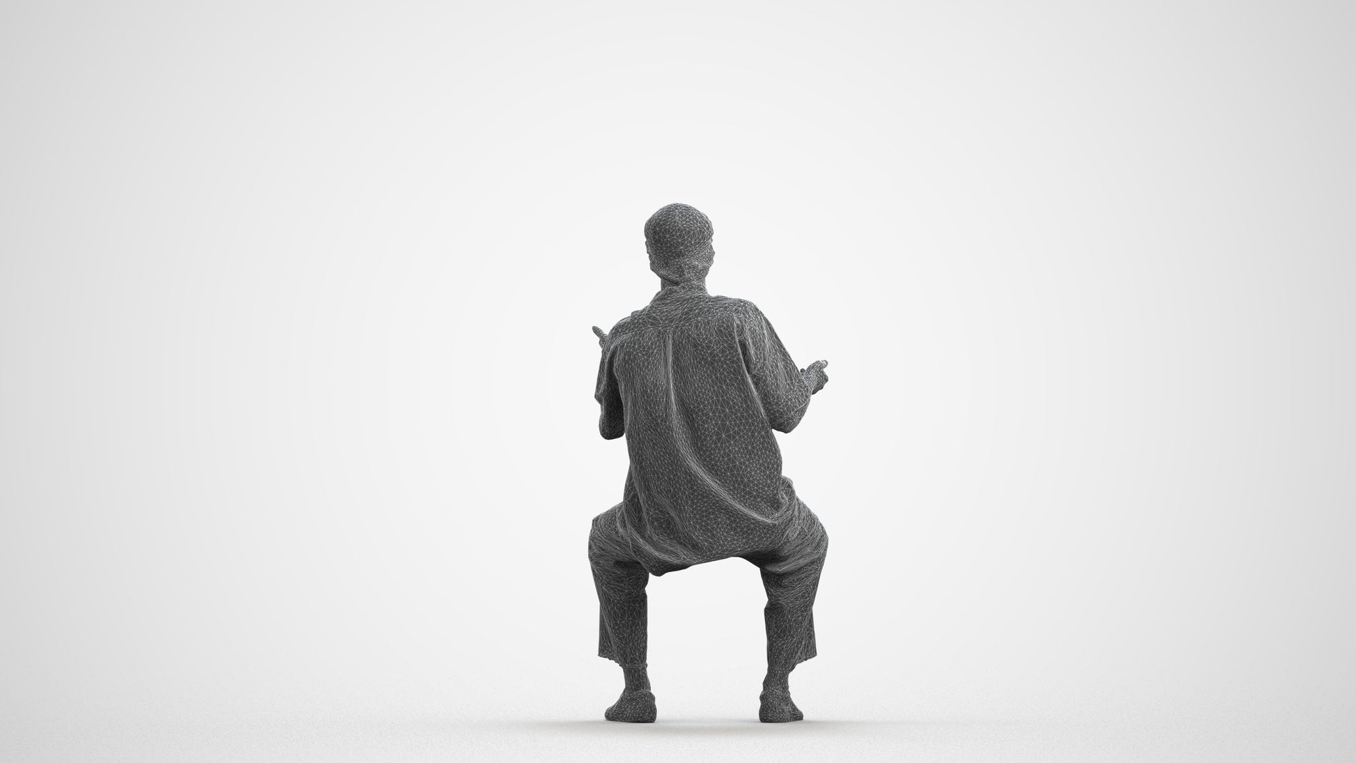 realistic 3D man casual sitting, scanned archviz people for Blender and 3ds Max, wireframe front view