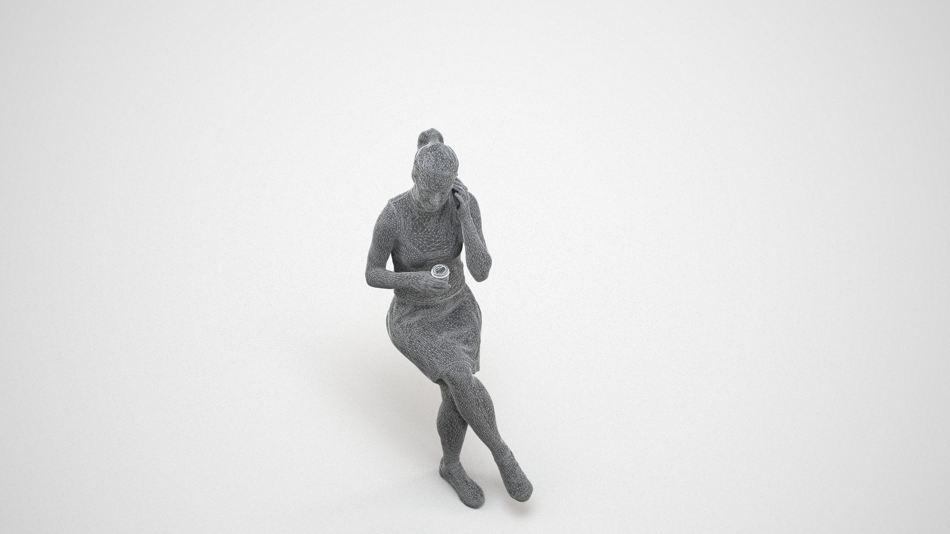 realistic 3D people woman sitting, render-ready for V-Ray and Corona, FBX OBJ, wireframe three-quarter view