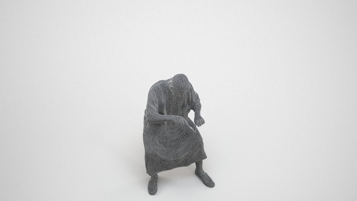 realistic 3D man sitting, scanned archviz people for Blender and 3ds Max, wireframe three-quarter view