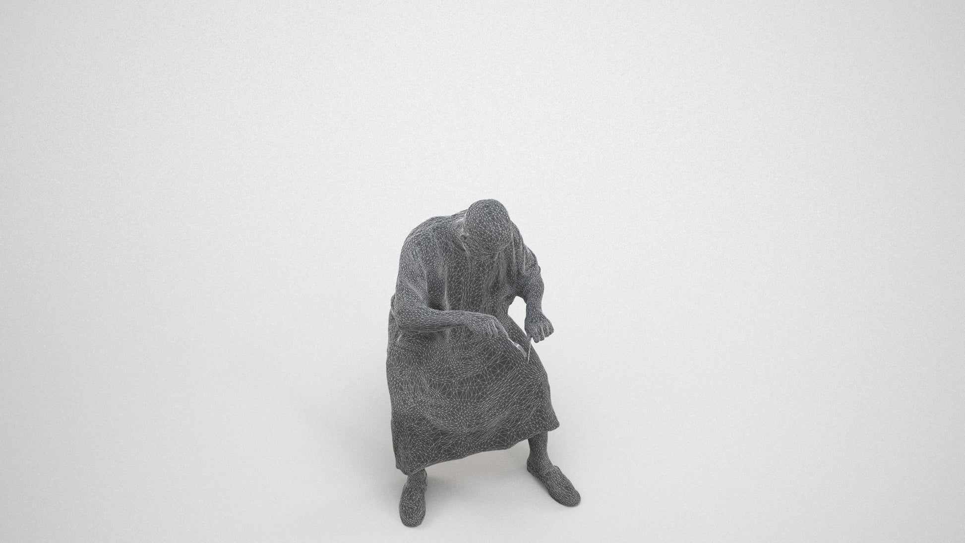 realistic 3D man sitting, scanned archviz people for Blender and 3ds Max, wireframe three-quarter view