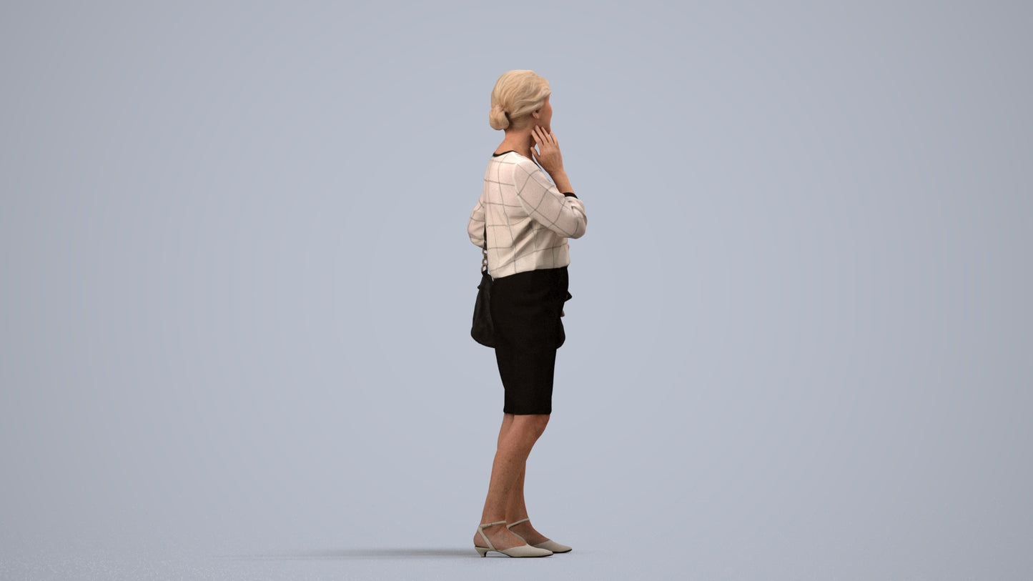 realistic 3D human senior woman business standing, archviz people FBX OBJ for Blender, side view render