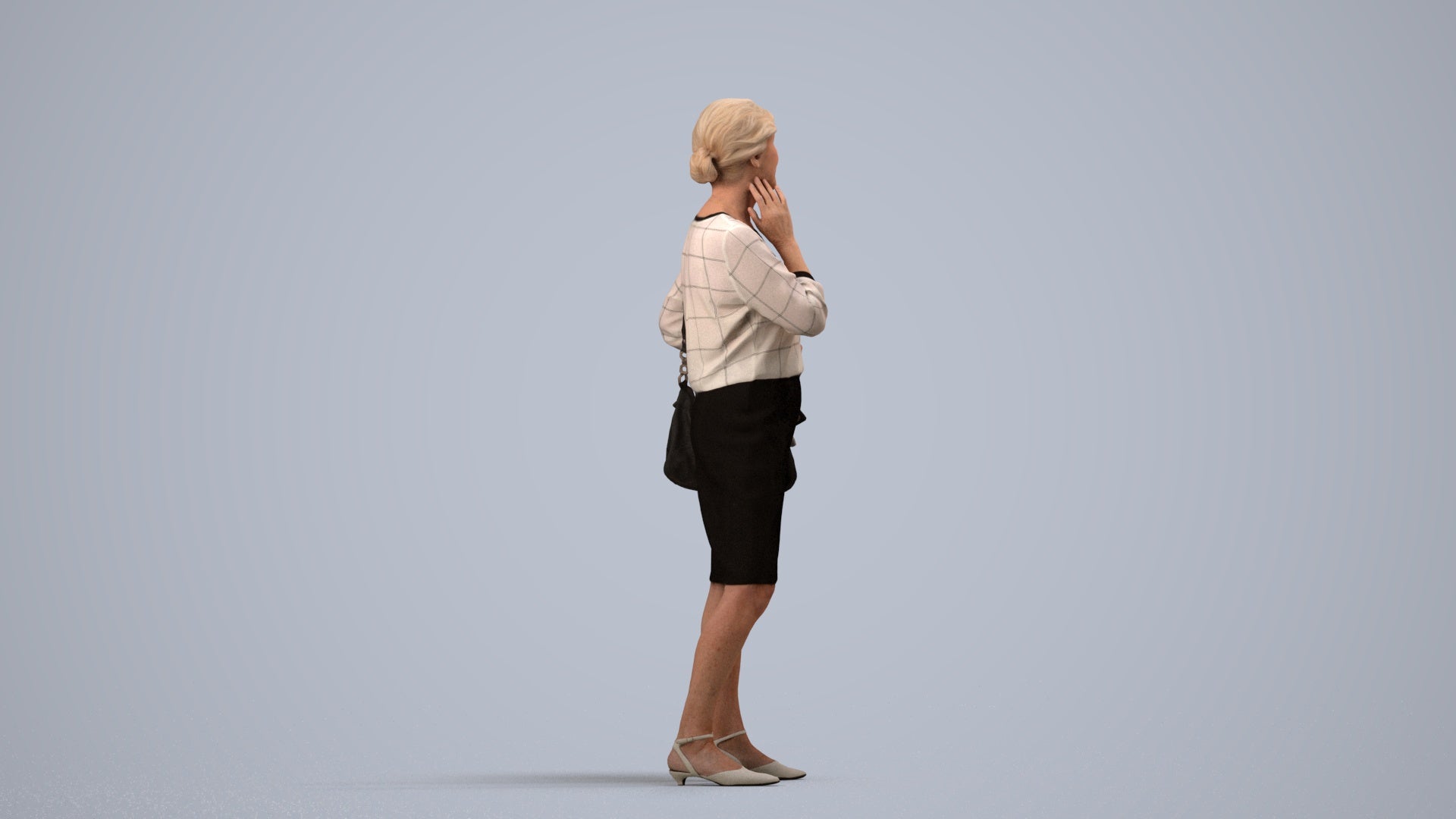 realistic 3D human senior woman business standing, archviz people FBX OBJ for Blender, side view render
