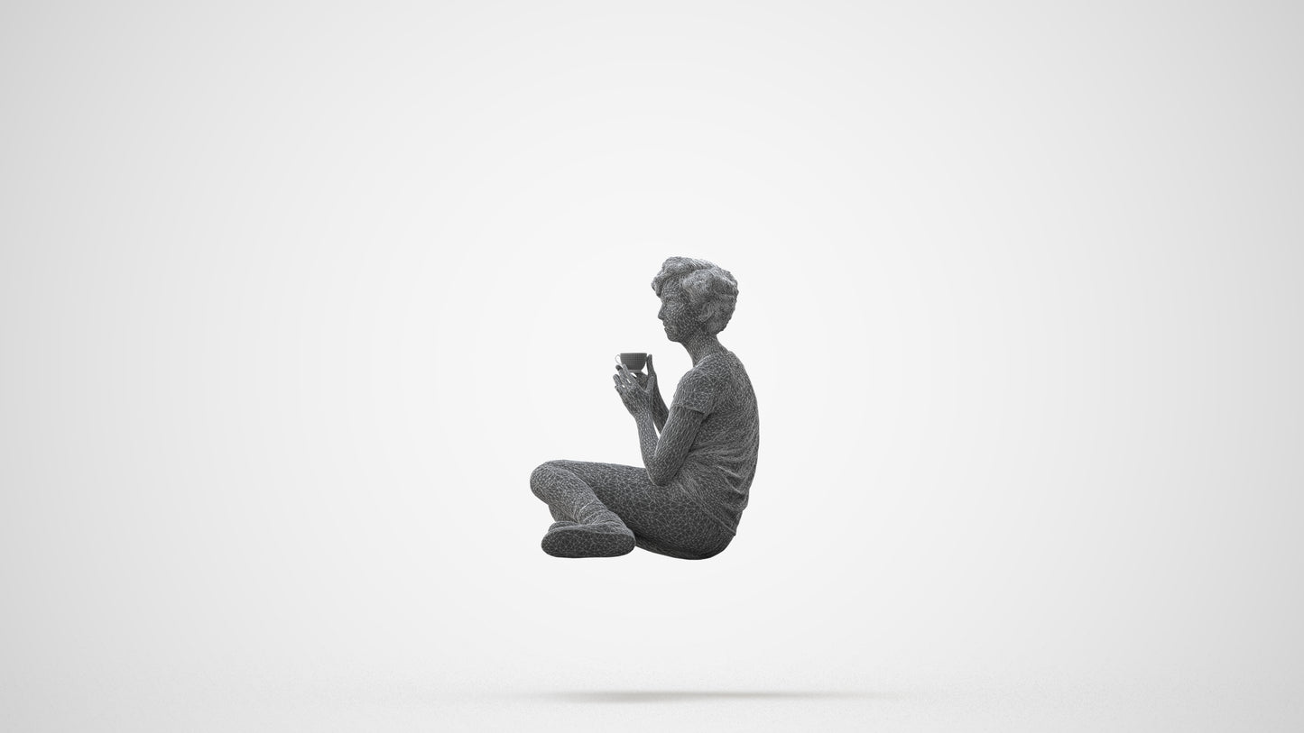 3D human model woman casual sitting, photogrammetry scanned person for archviz, square thumbnail