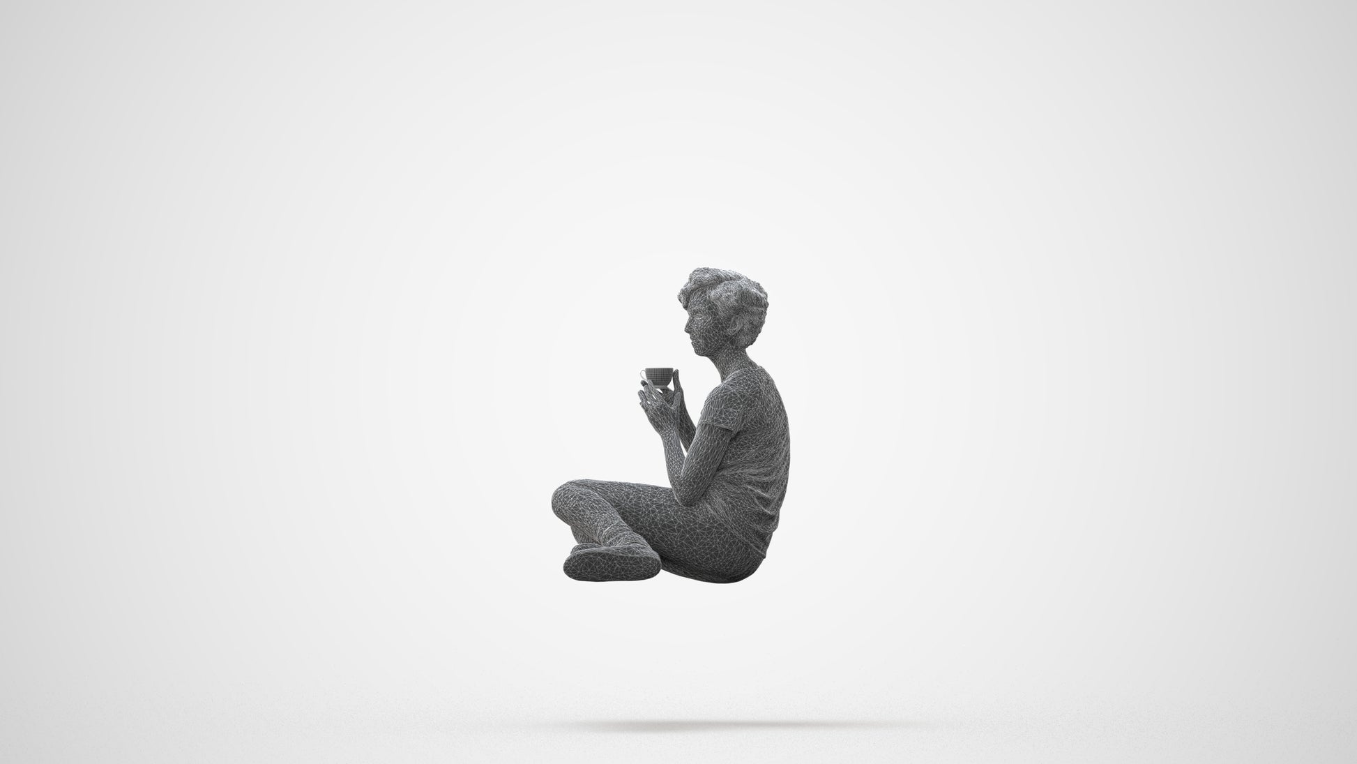 3D human model woman casual sitting, photogrammetry scanned person for archviz, square thumbnail