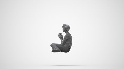 3D human model woman casual sitting, photogrammetry scanned person for archviz, square thumbnail
