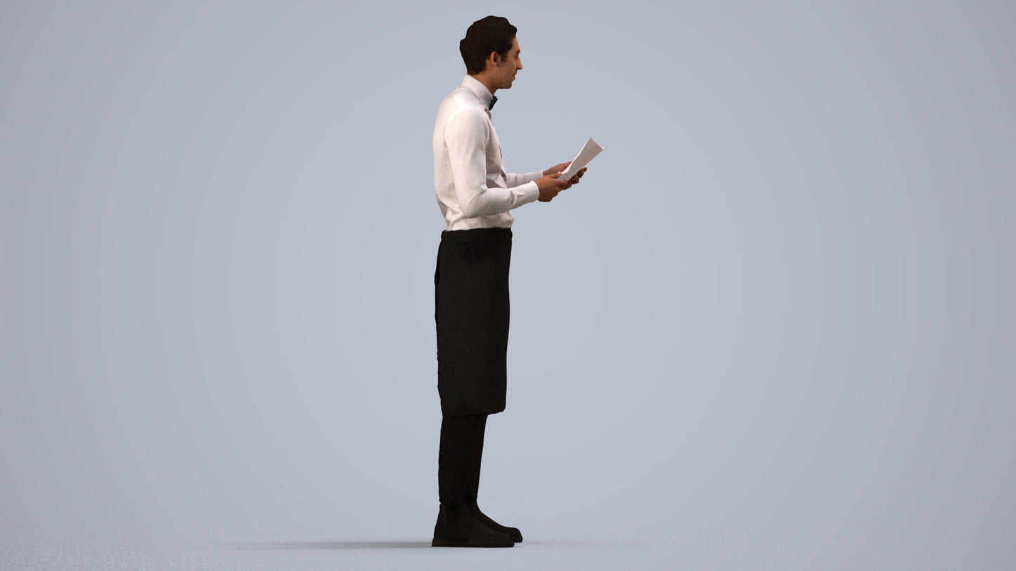 realistic 3D human man hospitality, archviz people FBX OBJ for Blender, side view render