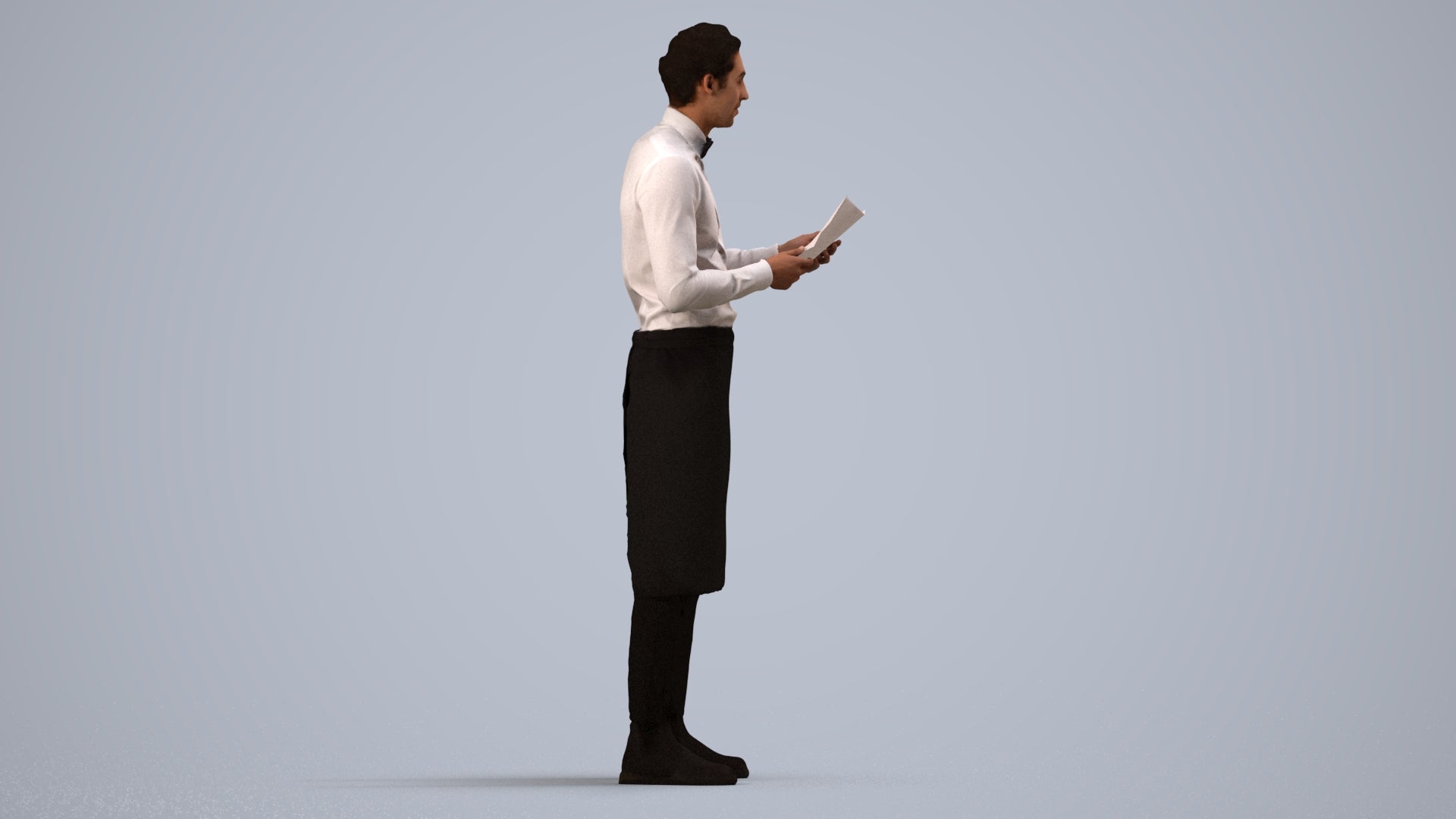 realistic 3D human man hospitality, archviz people FBX OBJ for Blender, side view render
