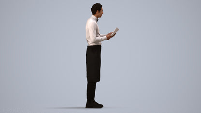 realistic 3D human man hospitality, archviz people FBX OBJ for Blender, side view render