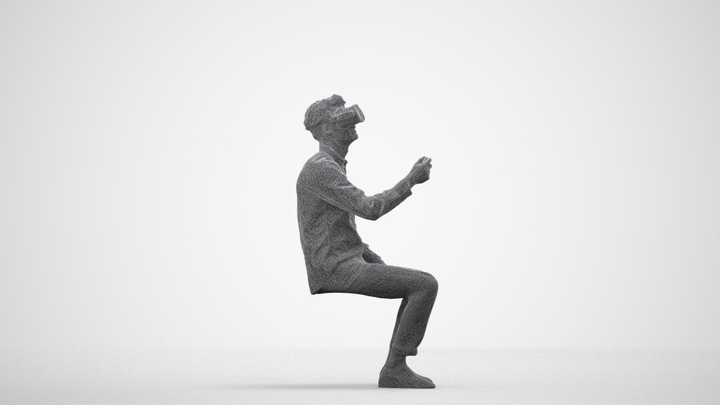 scanned 3D man casual sitting, photogrammetry people for Enscape and V-Ray, wireframe side view