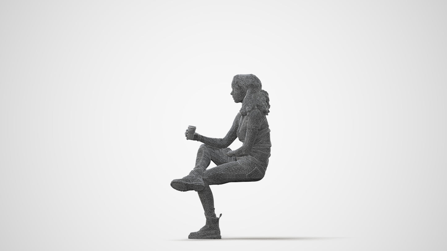 realistic 3D human woman casual sitting, archviz people FBX OBJ for Blender, square thumbnail