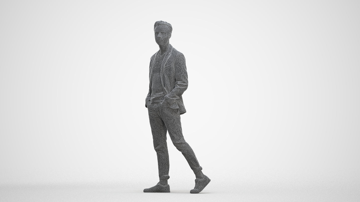 3D scanned man walking business, photorealistic archviz people for Enscape and SketchUp, three-quarter front view render