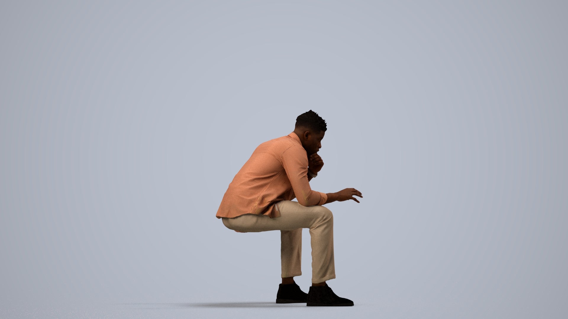 3D human model man casual sitting, photogrammetry scanned person for archviz, side view render