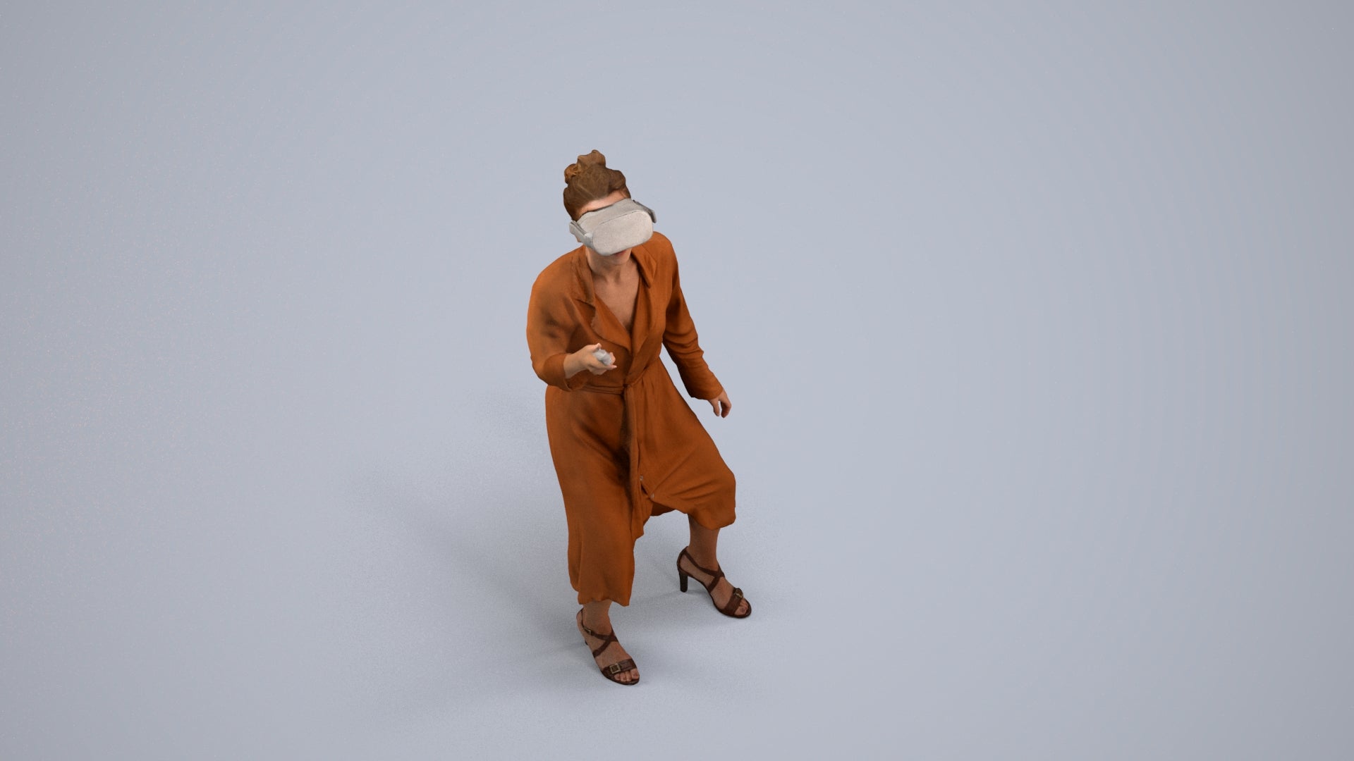 3D human model woman casual standing, photogrammetry scanned person for archviz, back view render