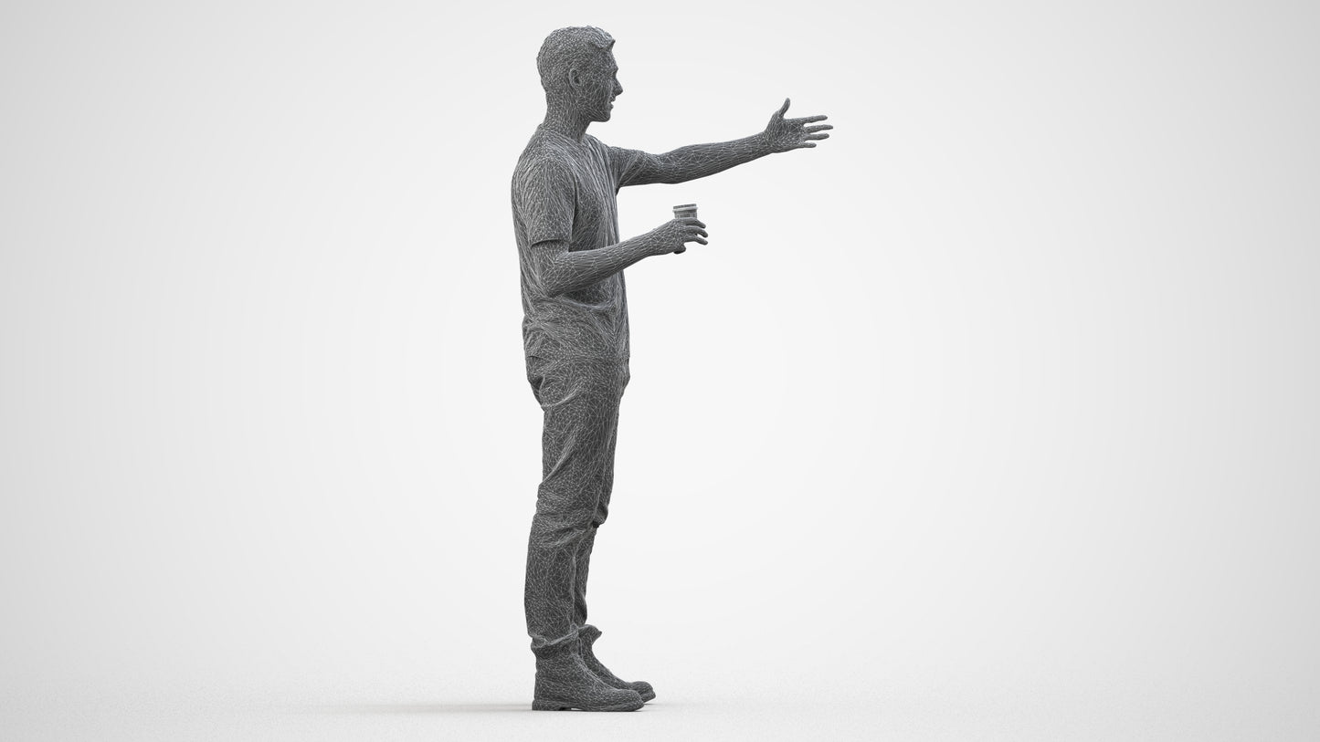 realistic 3D man casual standing, scanned archviz people for Blender and 3ds Max, wireframe side view