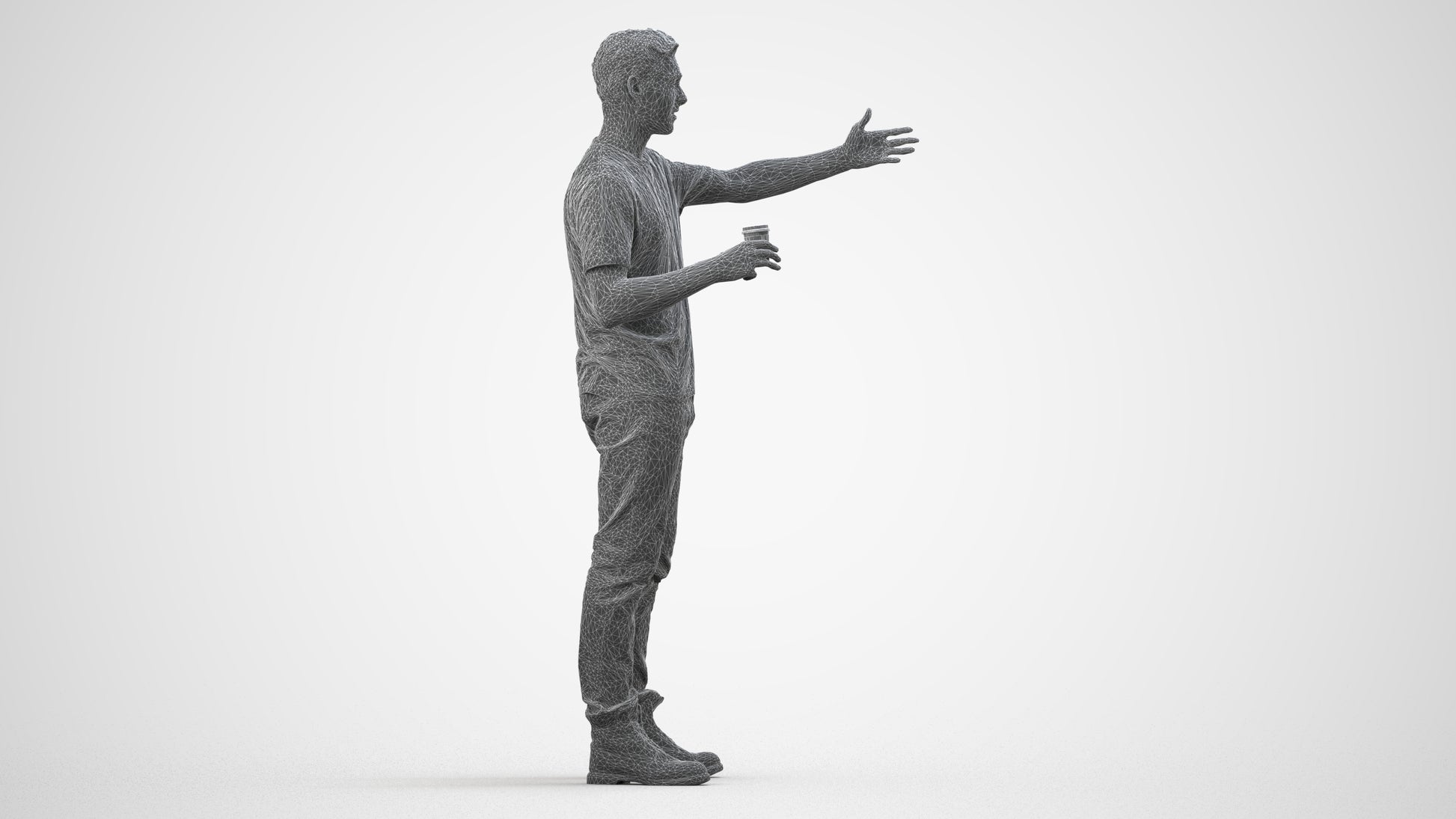 realistic 3D man casual standing, scanned archviz people for Blender and 3ds Max, wireframe side view