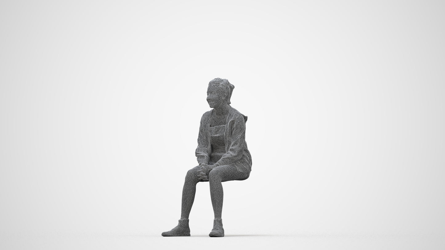 3D scanned woman sitting casual, photorealistic archviz people for Enscape and SketchUp, wireframe back view