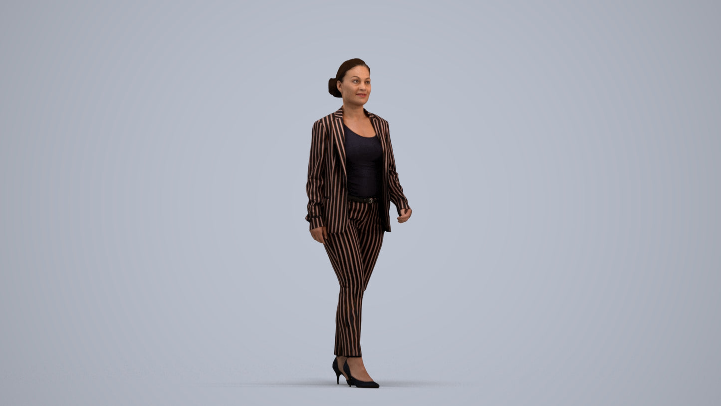 3D human model woman business walking, photogrammetry scanned person for archviz, standing pose render