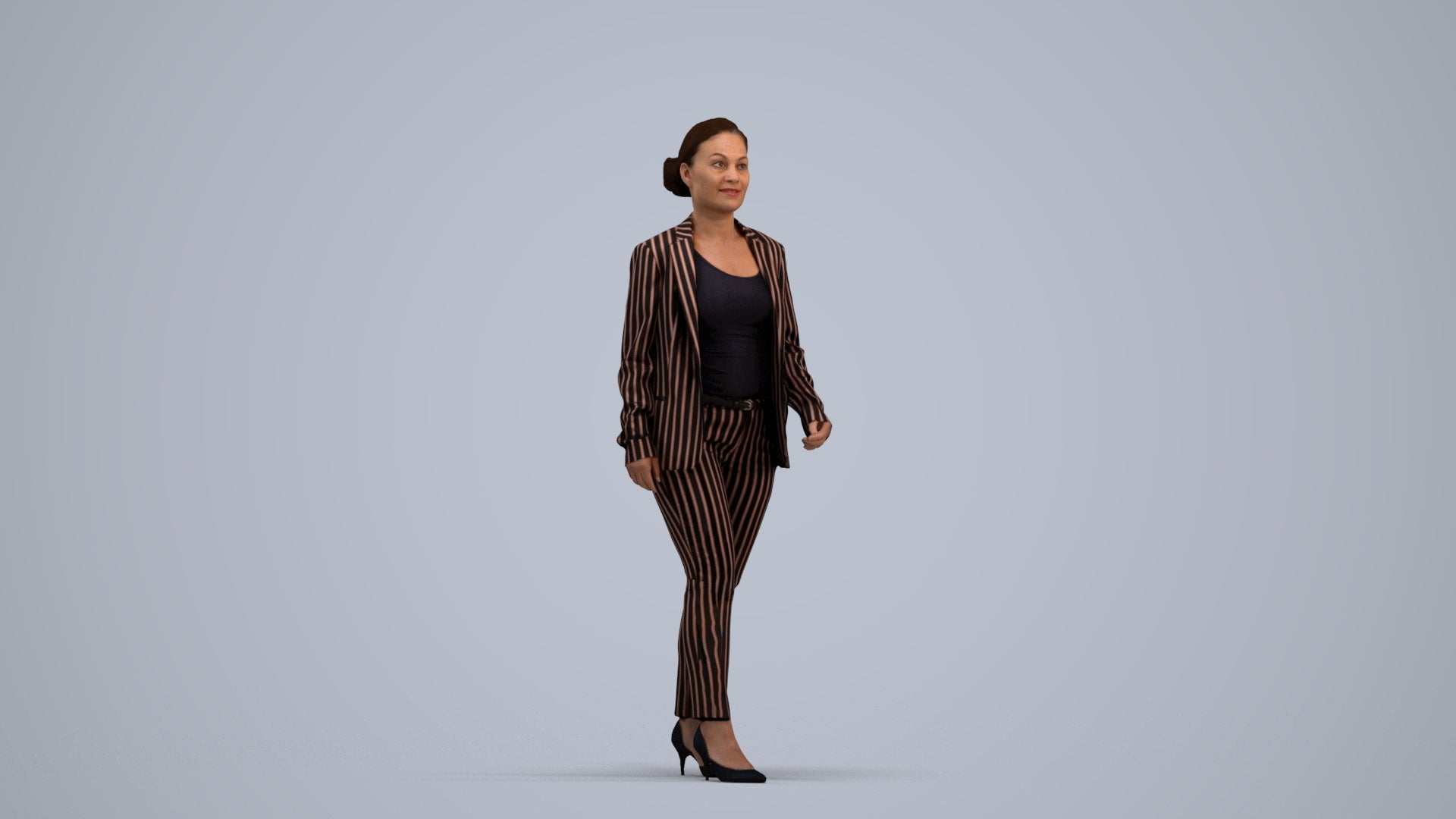 3D human model woman business walking, photogrammetry scanned person for archviz, standing pose render