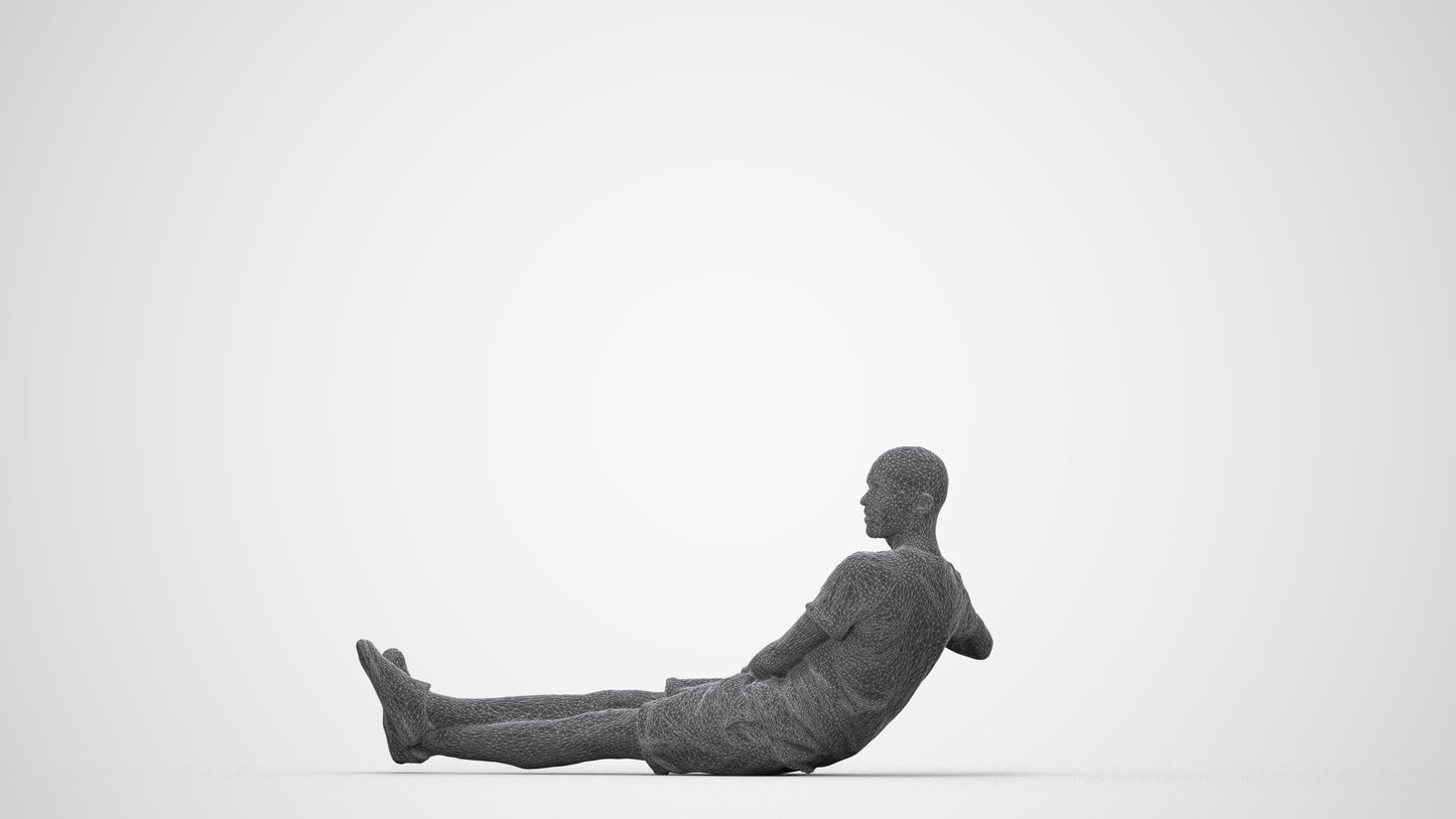 3D scanned man sitting casual, photorealistic archviz people for Enscape and SketchUp, wireframe back view