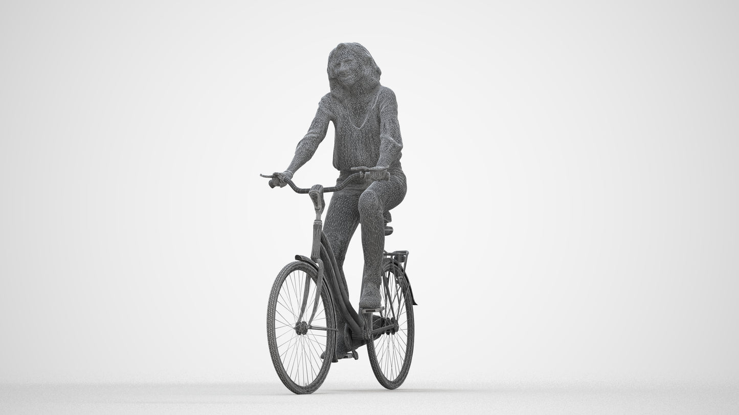 realistic 3D woman casual cycling, scanned archviz people for Blender and 3ds Max, wireframe back view