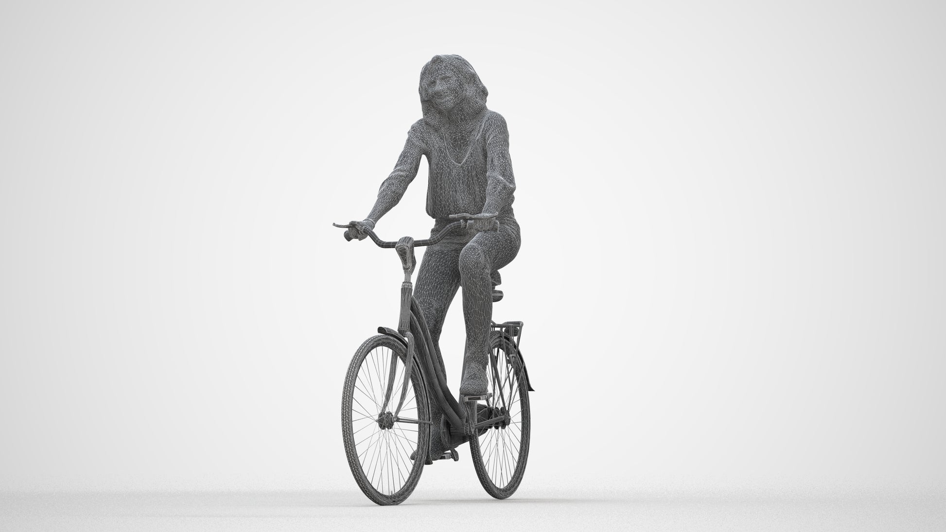 realistic 3D woman casual cycling, scanned archviz people for Blender and 3ds Max, wireframe back view