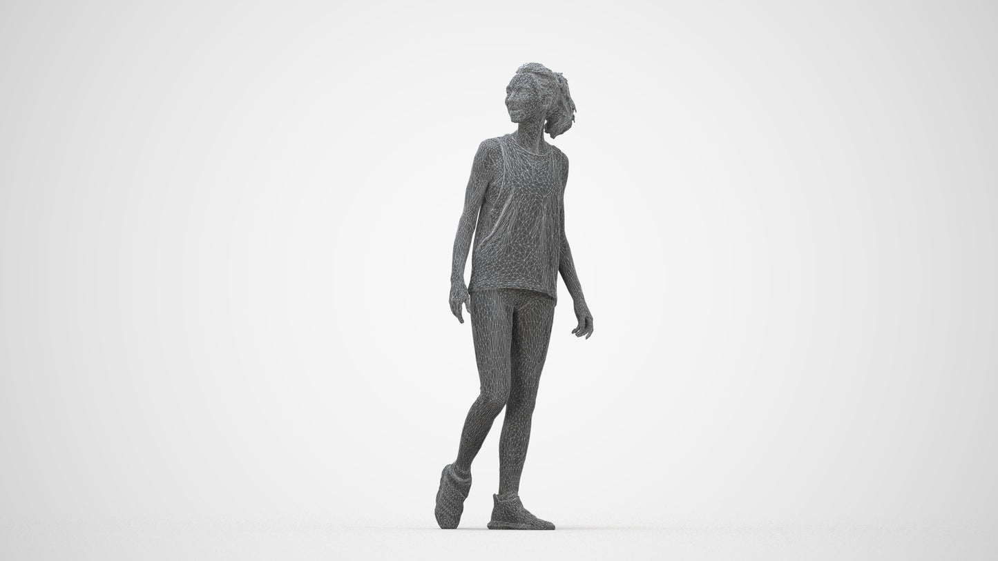 3D human model woman sport, photogrammetry scanned person for archviz, wireframe back view