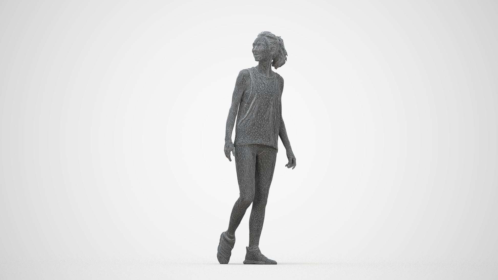 3D human model woman sport, photogrammetry scanned person for archviz, wireframe back view
