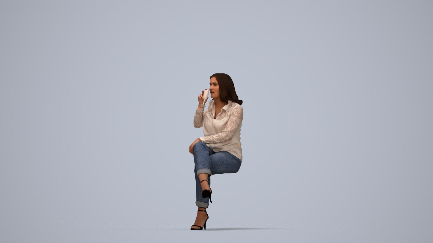 realistic 3D woman casual sitting, scanned archviz people for Blender and 3ds Max, top-down view render
