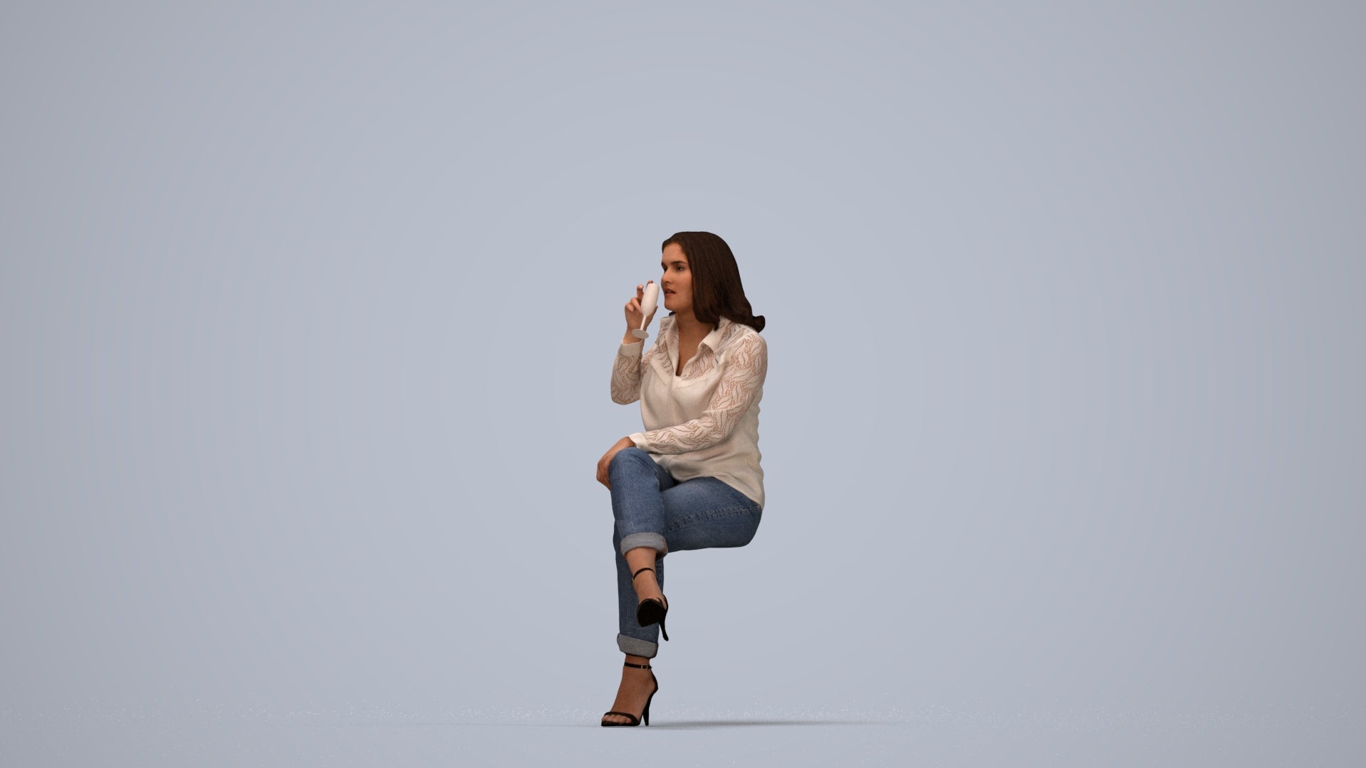 realistic 3D woman casual sitting, scanned archviz people for Blender and 3ds Max, top-down view render