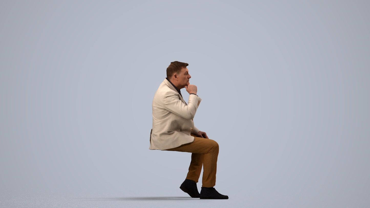 3D human model man business, photogrammetry scanned person for archviz, side view render