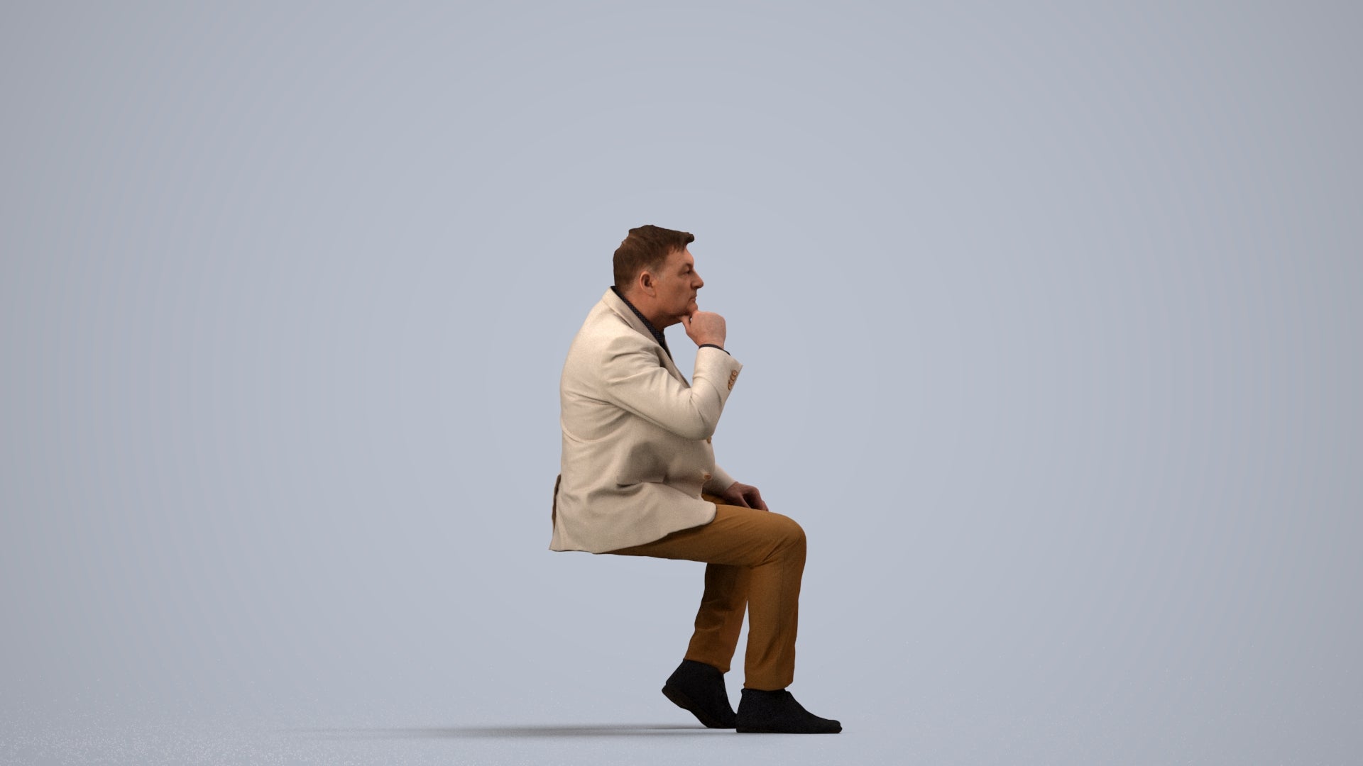 3D human model man business, photogrammetry scanned person for archviz, side view render