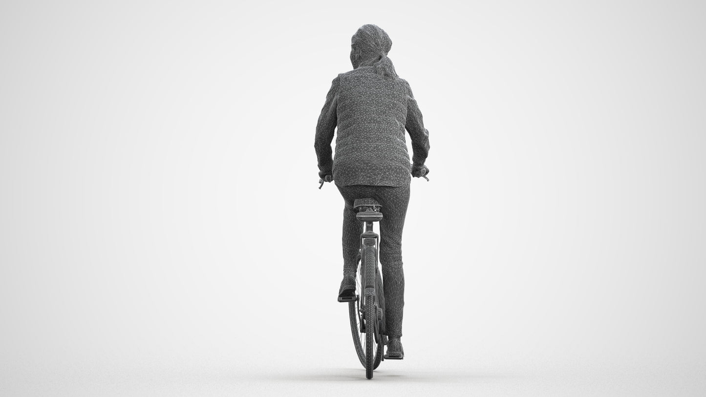 3D human model senior woman casual cycling, photogrammetry scanned person for archviz, wireframe front view