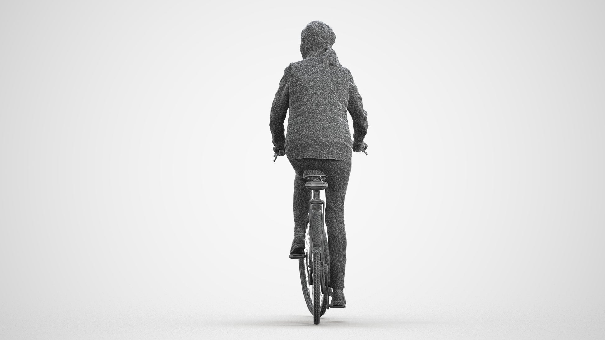 3D human model senior woman casual cycling, photogrammetry scanned person for archviz, wireframe front view