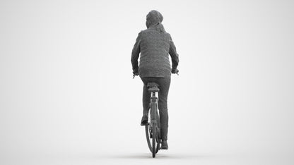 3D human model senior woman casual cycling, photogrammetry scanned person for archviz, wireframe front view