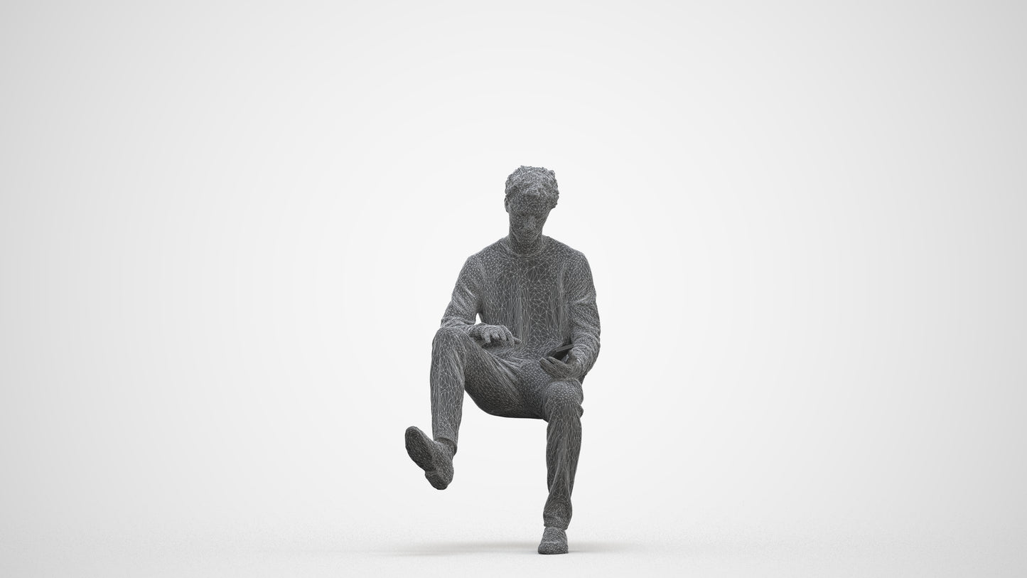 realistic 3D man casual sitting, scanned archviz people for Blender and 3ds Max, three-quarter front view render