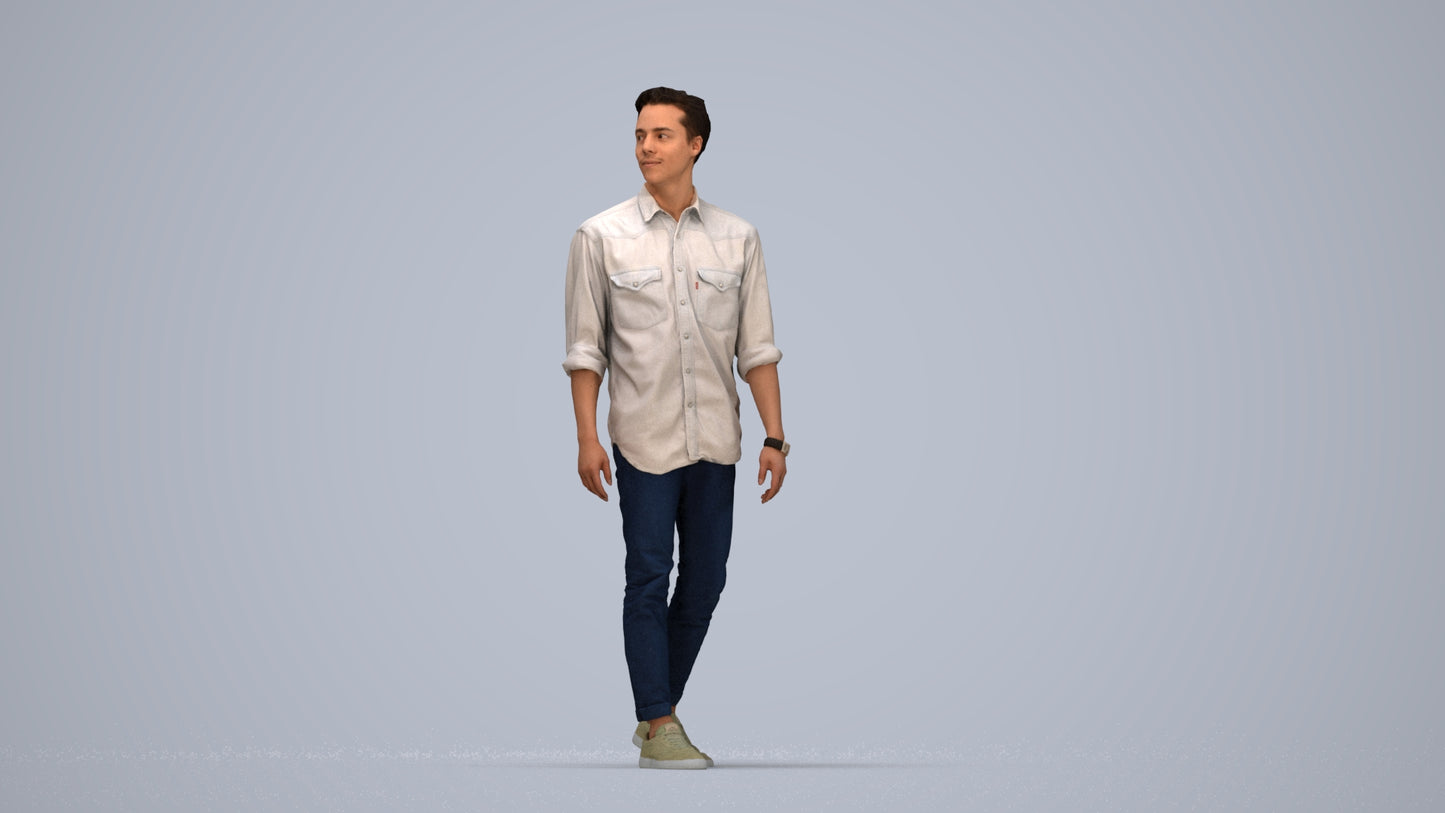 realistic 3D man casual walking, scanned archviz people for Blender and 3ds Max, top-down view render