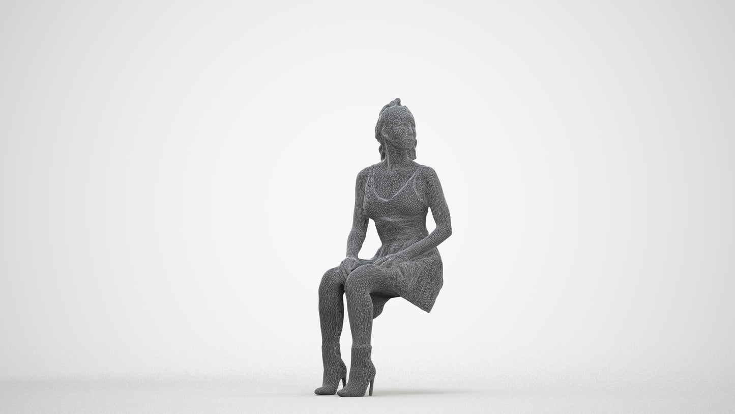 scanned 3D woman casual sitting, photogrammetry people for Enscape and V-Ray, three-quarter front view render