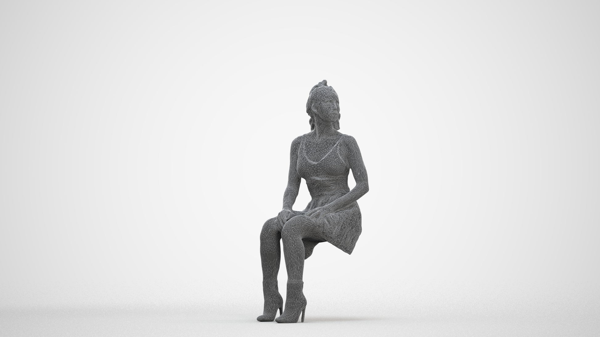 scanned 3D woman casual sitting, photogrammetry people for Enscape and V-Ray, three-quarter front view render