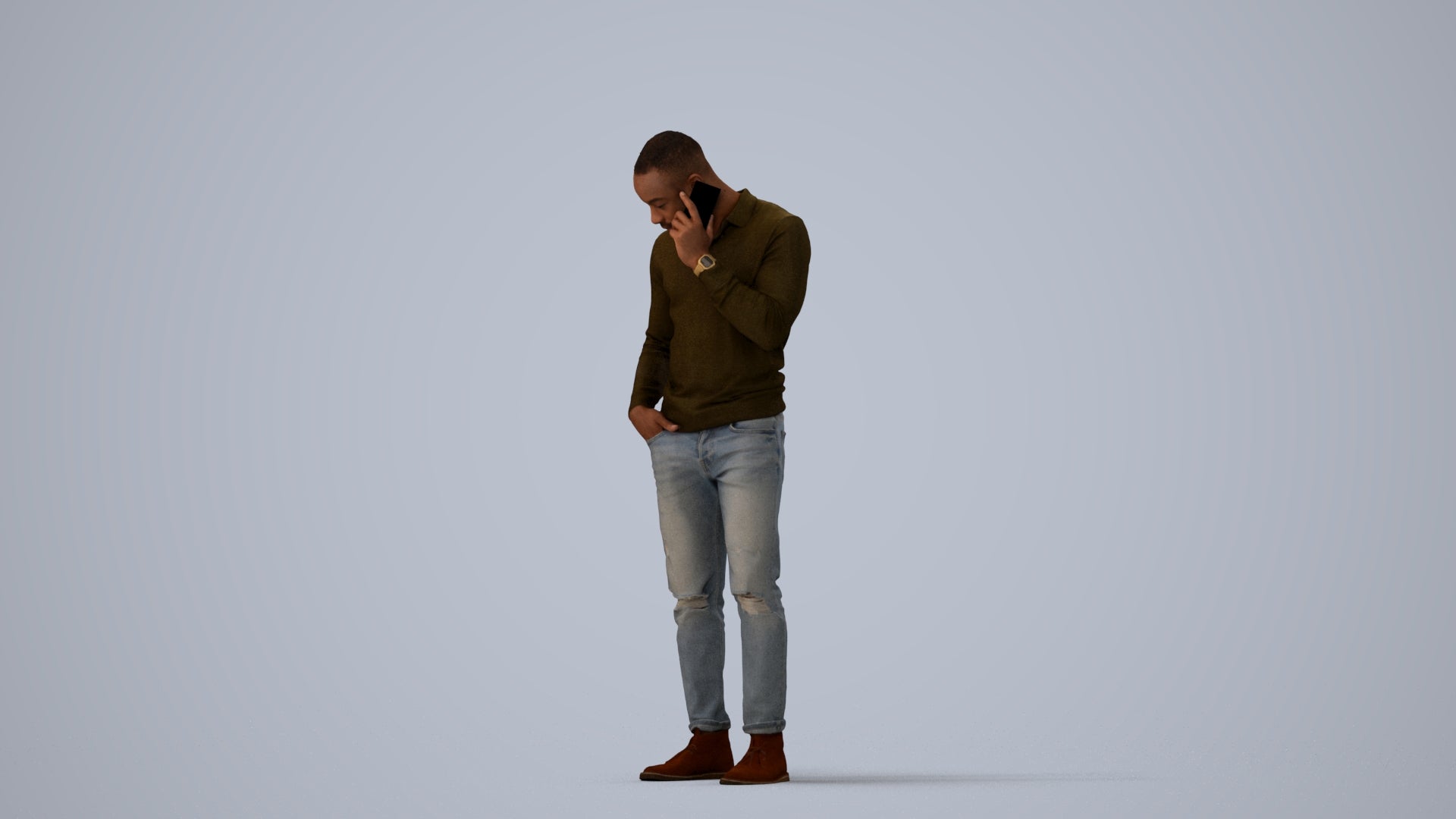 photogrammetry 3D man casual standing, realistic human model archviz FBX, three-quarter view render