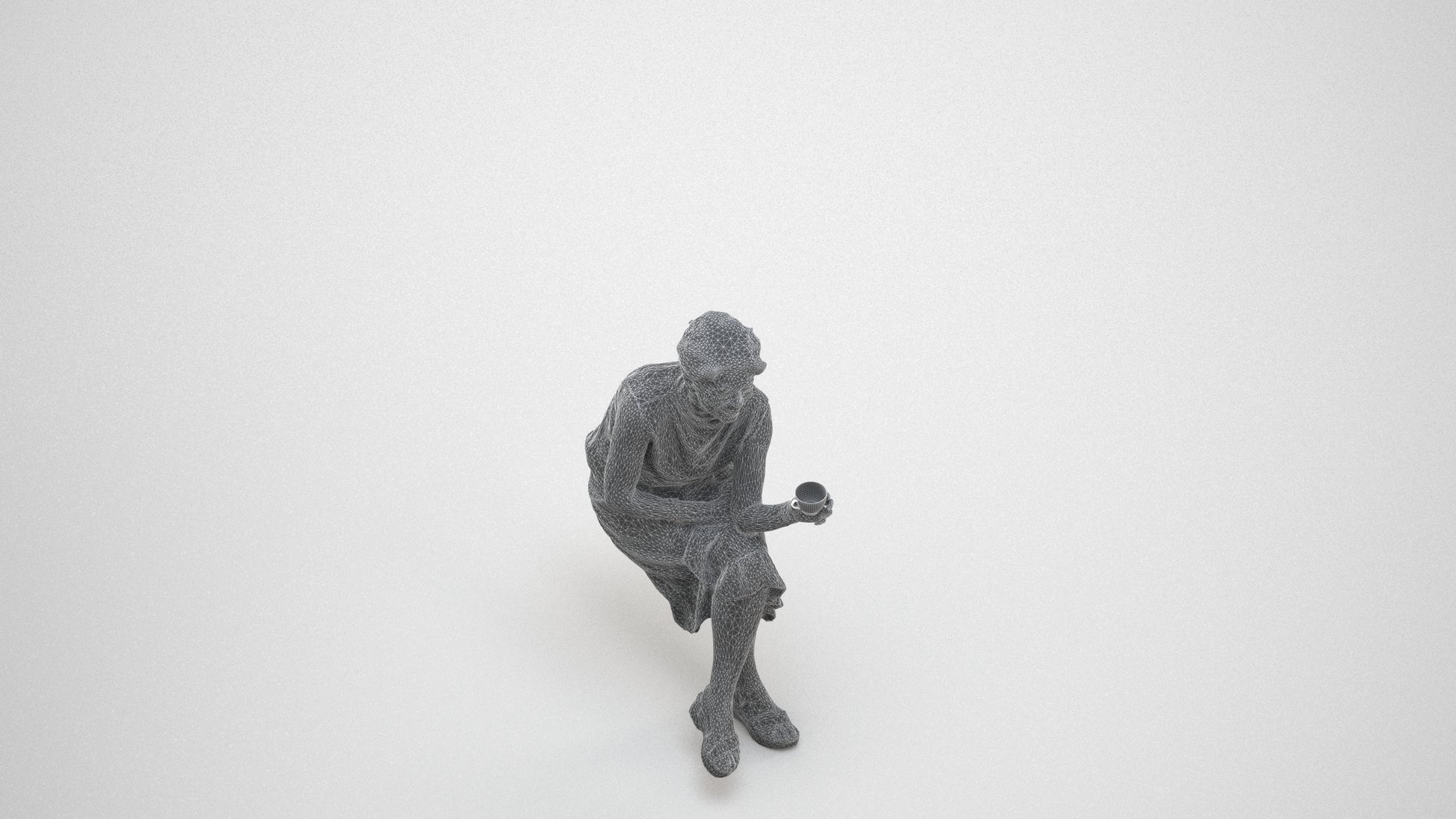 scanned 3D woman casual sitting, photogrammetry people for Enscape and V-Ray, wireframe three-quarter view