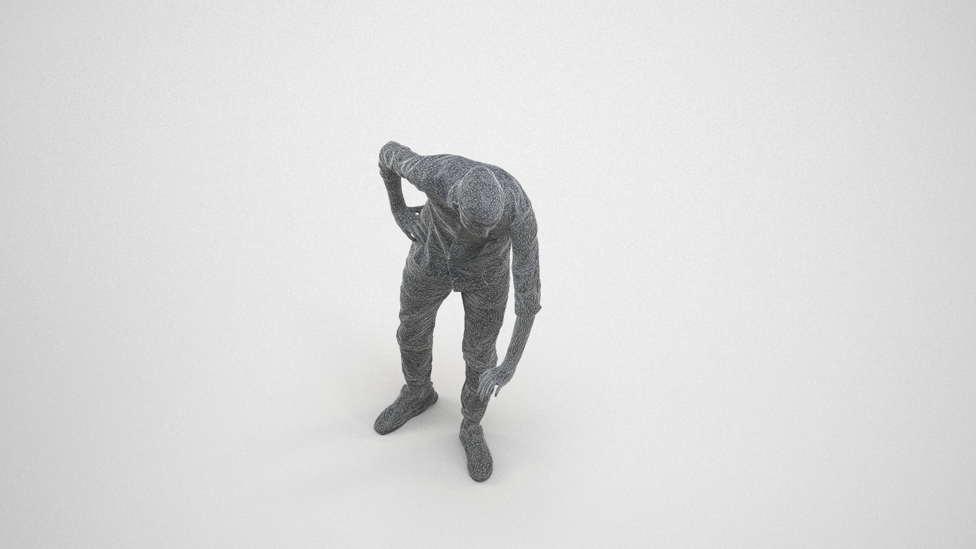realistic 3D human man casual standing, archviz people FBX OBJ for Blender, wireframe three-quarter view