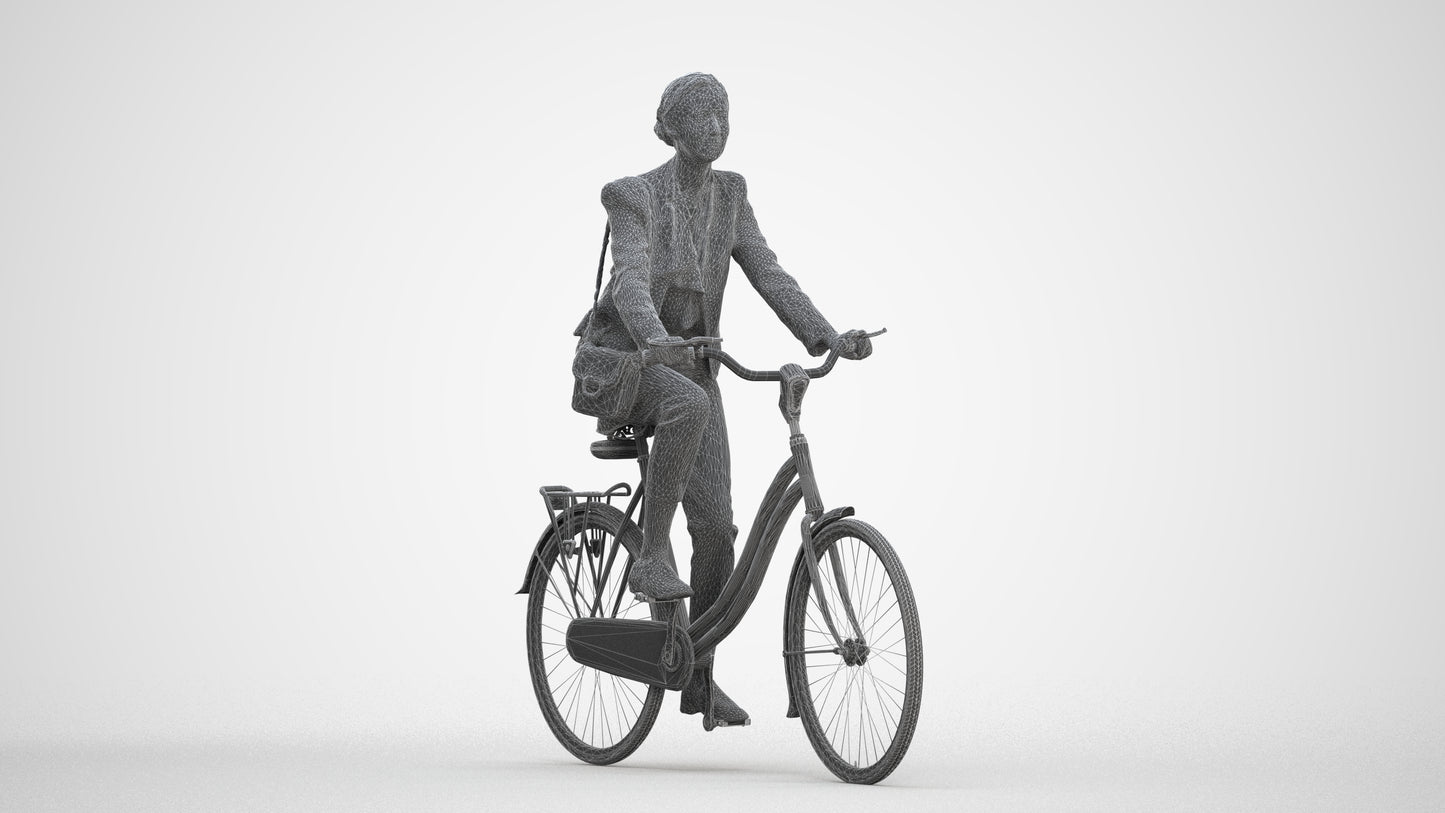realistic 3D woman business cycling, scanned archviz people for Blender and 3ds Max, three-quarter front view render