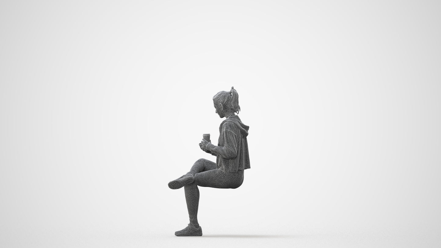 realistic 3D woman sport sitting, scanned archviz people for Blender and 3ds Max, square thumbnail