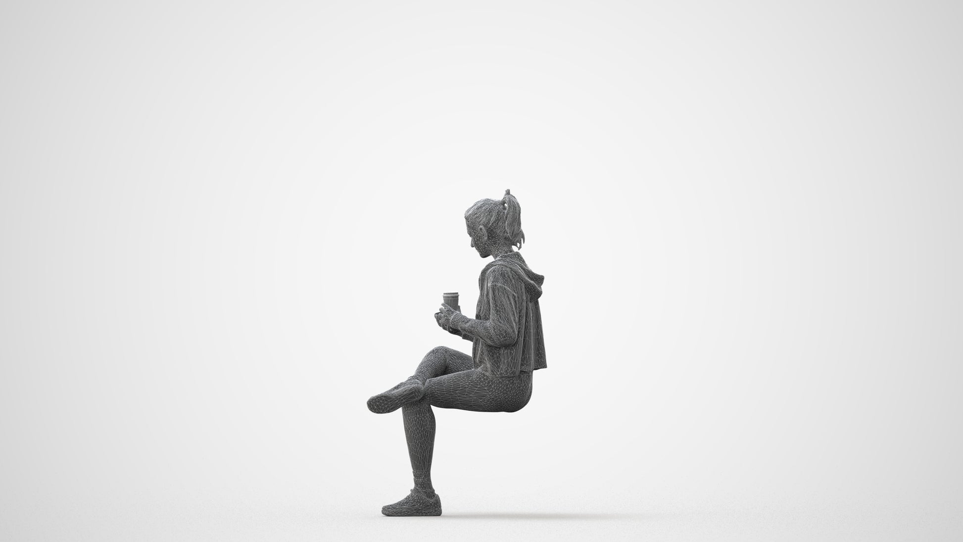 realistic 3D woman sport sitting, scanned archviz people for Blender and 3ds Max, square thumbnail