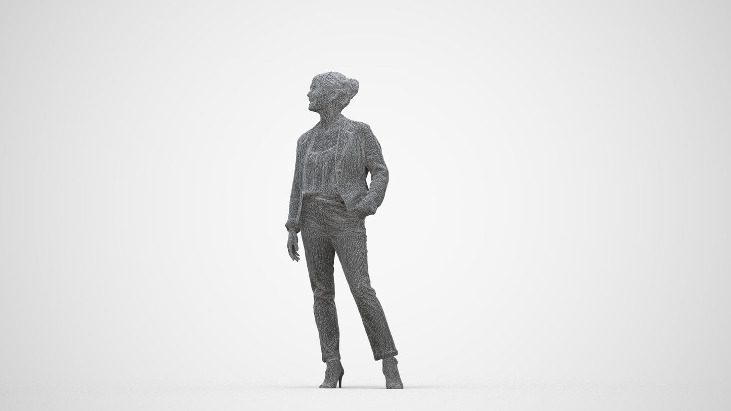 realistic 3D woman business standing, scanned archviz people for Blender and 3ds Max, wireframe back view