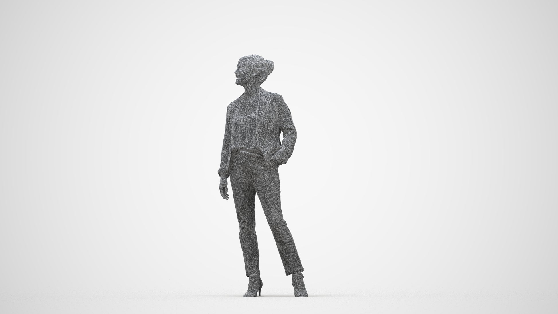 realistic 3D woman business standing, scanned archviz people for Blender and 3ds Max, wireframe back view